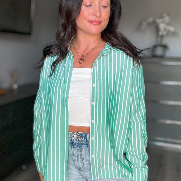 Women's Striped Button Down Long Sleeve Shirt Top | Green - Picture 1 of 5